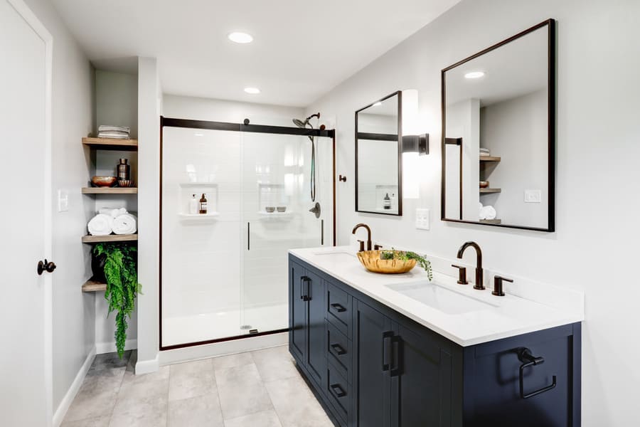 Lancaster Primary Bathroom Remodel with open shelves